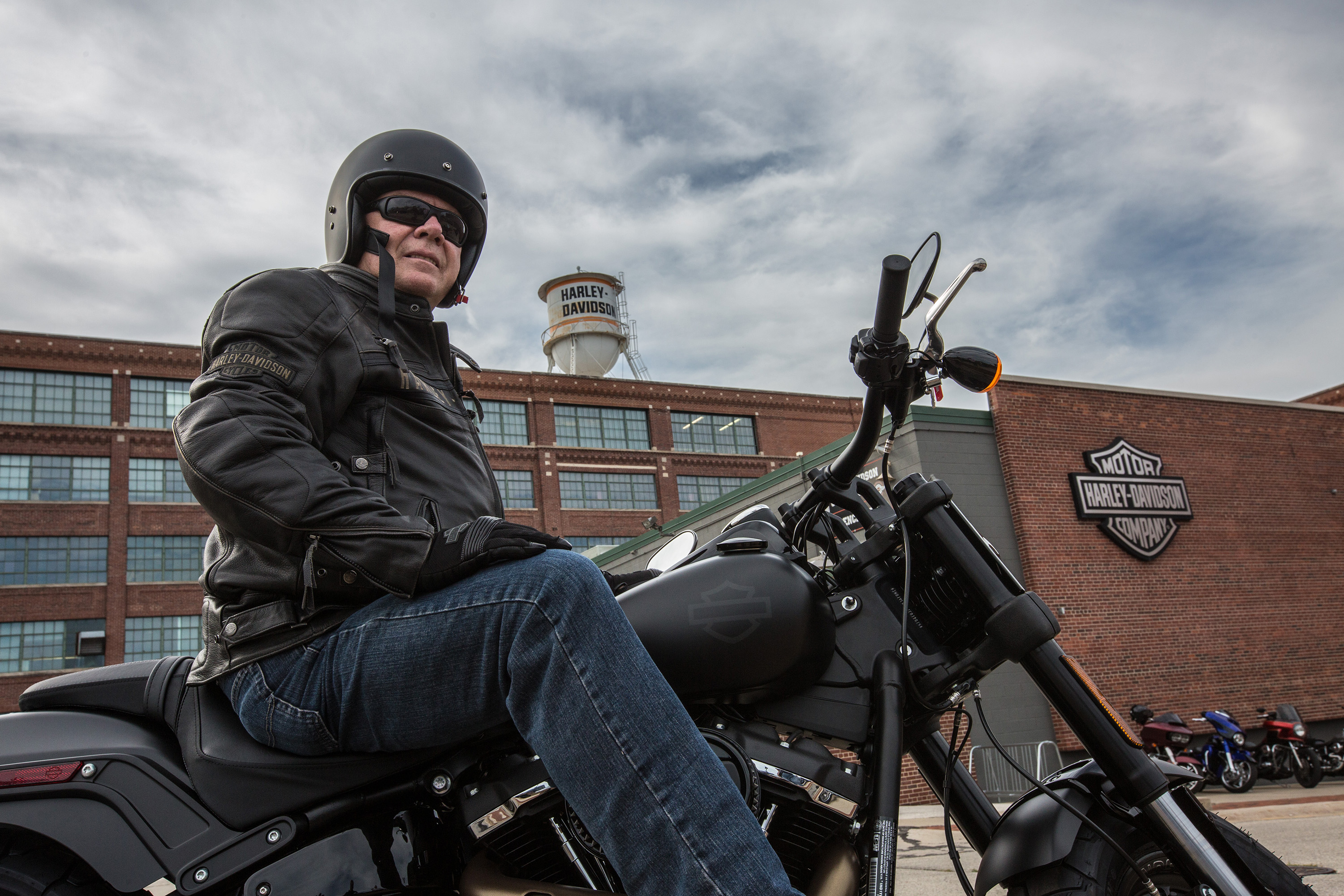 Jody Reinisch, mayor of Ryder, N.D., test rides a 2018 Harley-Davidson Fat Boy at Harley's headquarters in Milwaukee. Ryder recently became the first town in America where Harley-Davidson attempted to get everyone signed up for motorcycle riding classes that would lead to their bike driving license. About 70% of the town's eligible residents accepted Harley's offer.