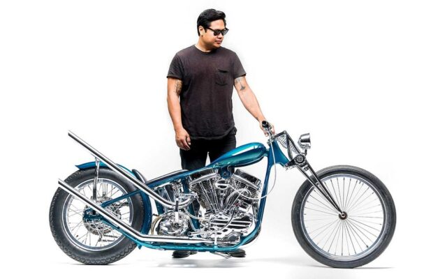 Ben Zales with 1963 Harley-Davidson Panhead chopper