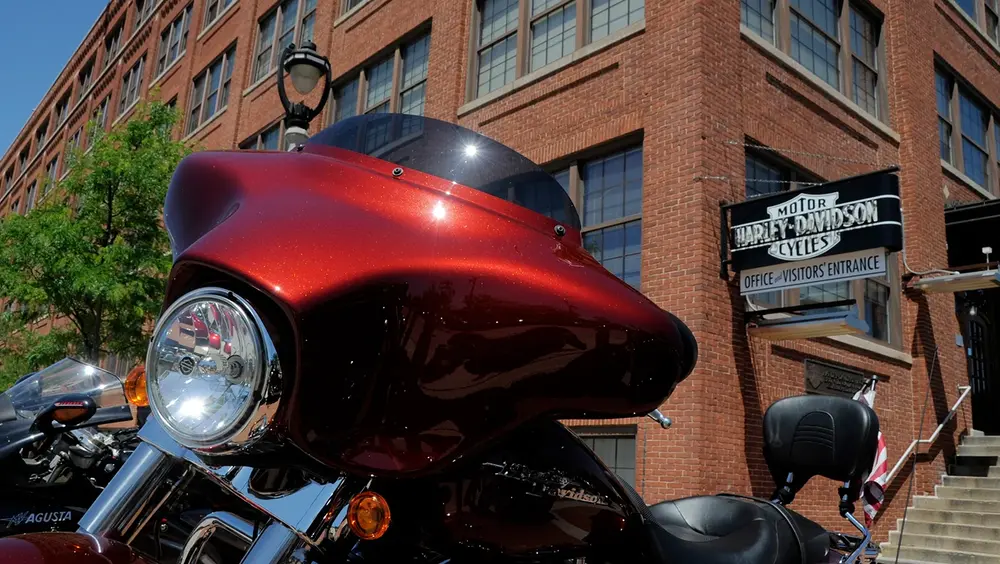 Motorcycle outside Harley-Davidson headquarters building